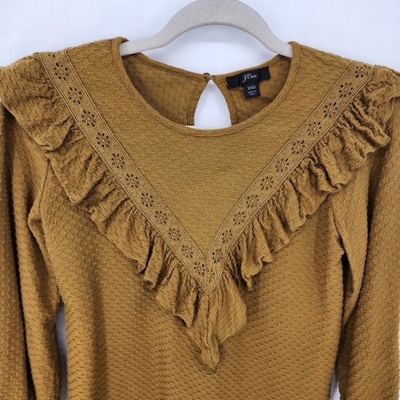 3/$25 J Crew Ruffle Trim Honeycomb Knit Top XXS Textured Eyelet Trim Brown AH926 - Picture 3 of 10